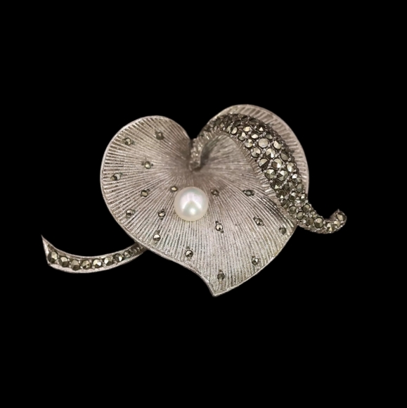 Theodore Fahrner Original Sterling Silver Marcasite FW Pearl Heart Brooch Pin - Picture 3 of 15